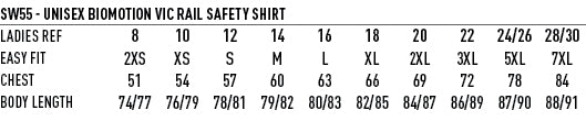 VIC Rail Lightweight Safety Shirt- Unisex - Size guide