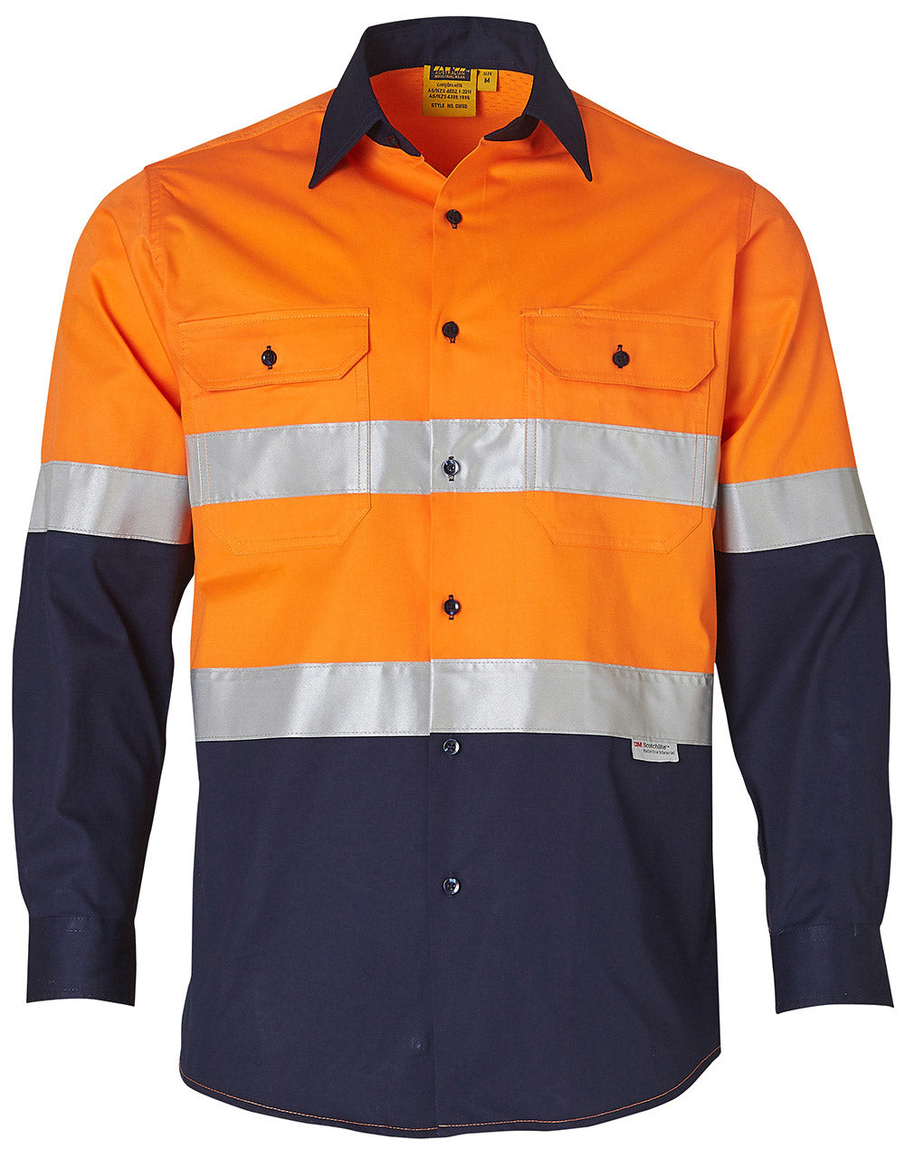 Long Sleeve Safety Shirt - FluoroOrange/Navy - Front