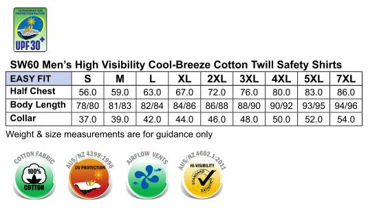 Long Sleeve Safety Shirt - Size guide