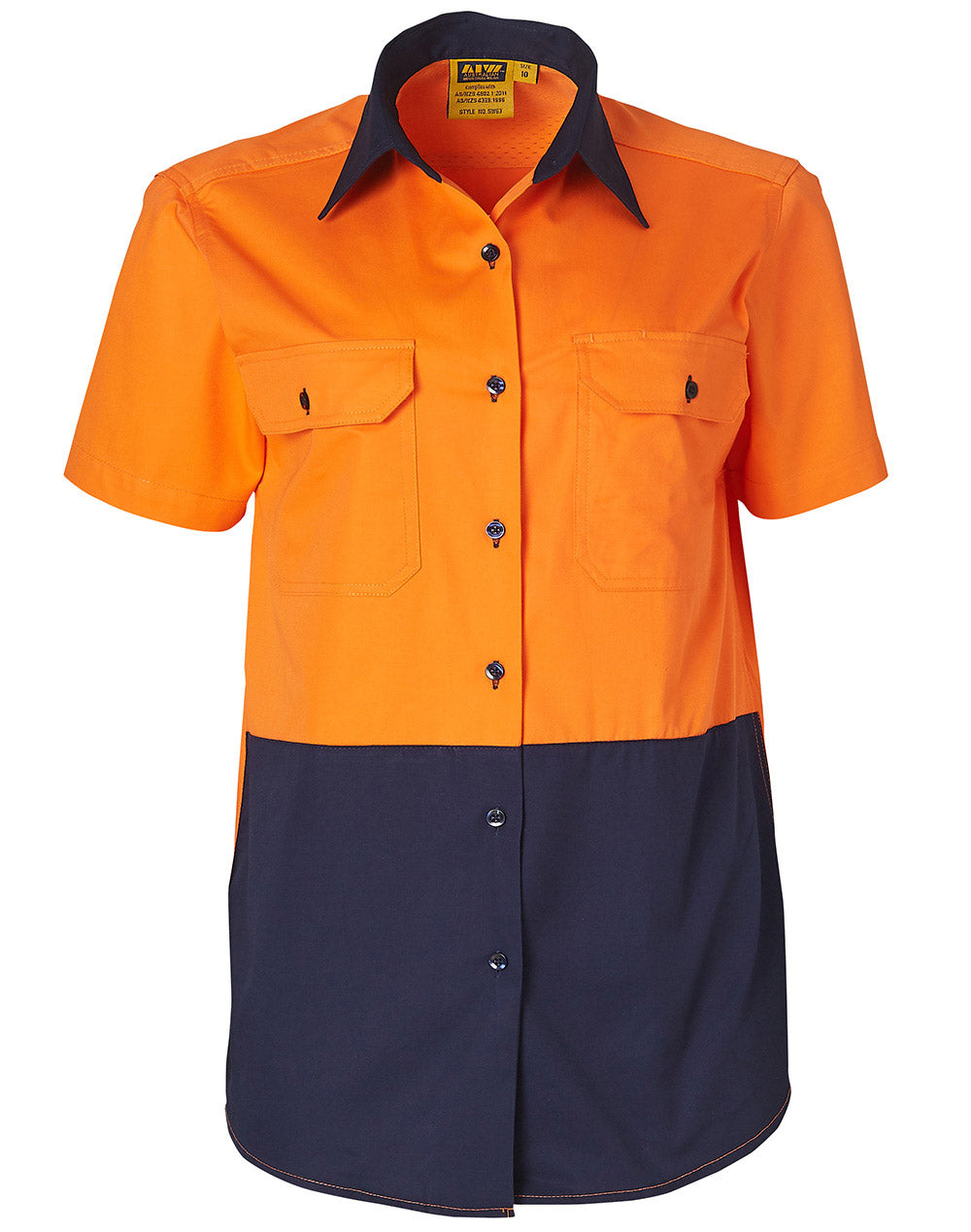 Women's Short Sleeve Safety Shirt - FluoroOrange/Navy - Front