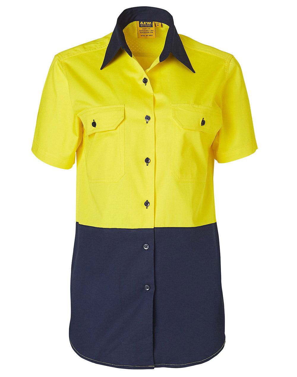 Women's Short Sleeve Safety Shirt - FluoroYellow/Navy - Front