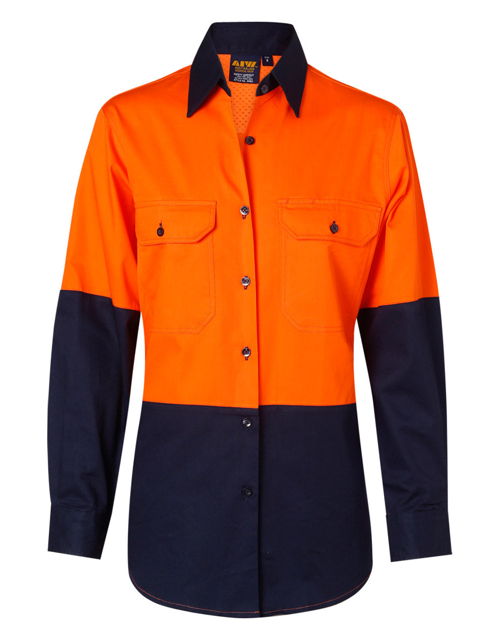 Women's Long Sleeve Safety Shirt - FluoroOrange/Navy - Front