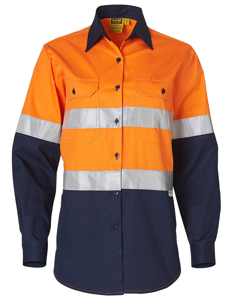 Women's Long Sleeve Safety Shirt - FluoroOrange/Navy - Front