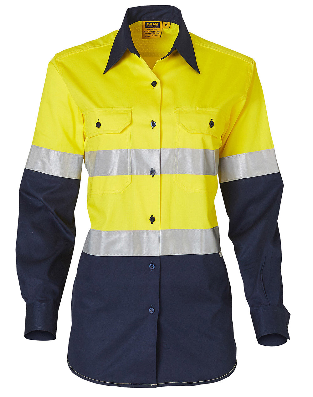 Women's Long Sleeve Safety Shirt - FluoroYellow/Navy - Front
