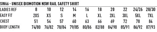 NSW Rail Lightweight Safety Shirt - Size guide