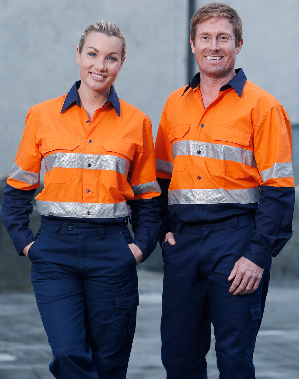 Rip-Stop Long Sleeve Safety Shirt - Orange/Navy - View