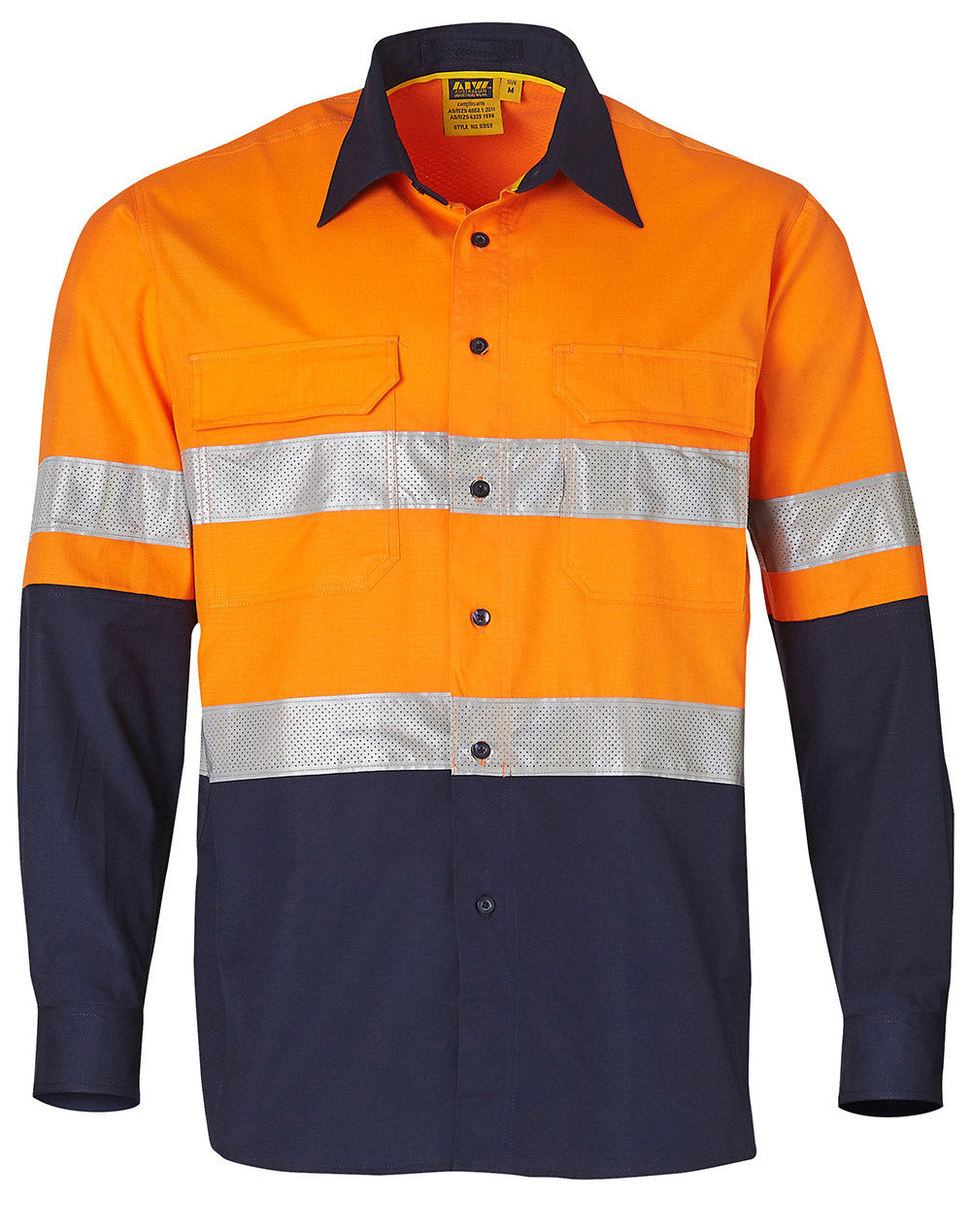 Rip-Stop Long Sleeve Safety Shirt - Orange/Navy - Front