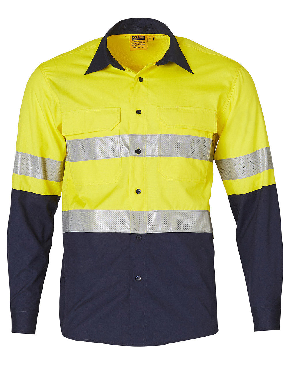 Rip-Stop Long Sleeve Safety Shirt - Yellow/Navy - Front