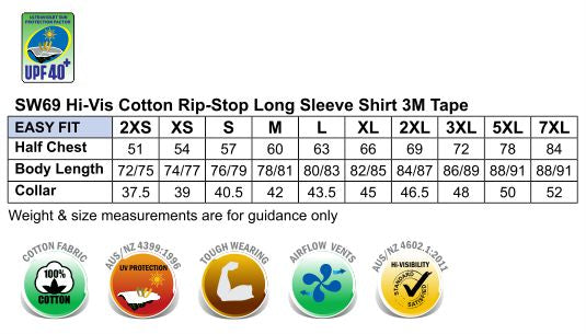 Rip-Stop Long Sleeve Safety Shirt - Size guide