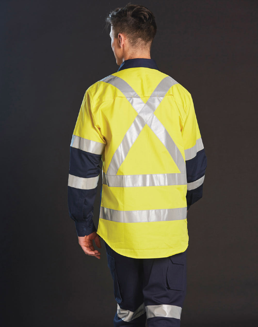 biomotion day/night light weight safety shirt with x back tape configuration - Yellow/Navy - Back
