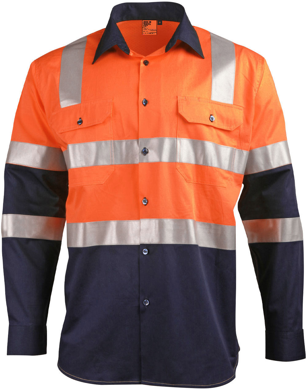 biomotion day/night light weight safety shirt with x back tape configuration - Orange/Navy - Front