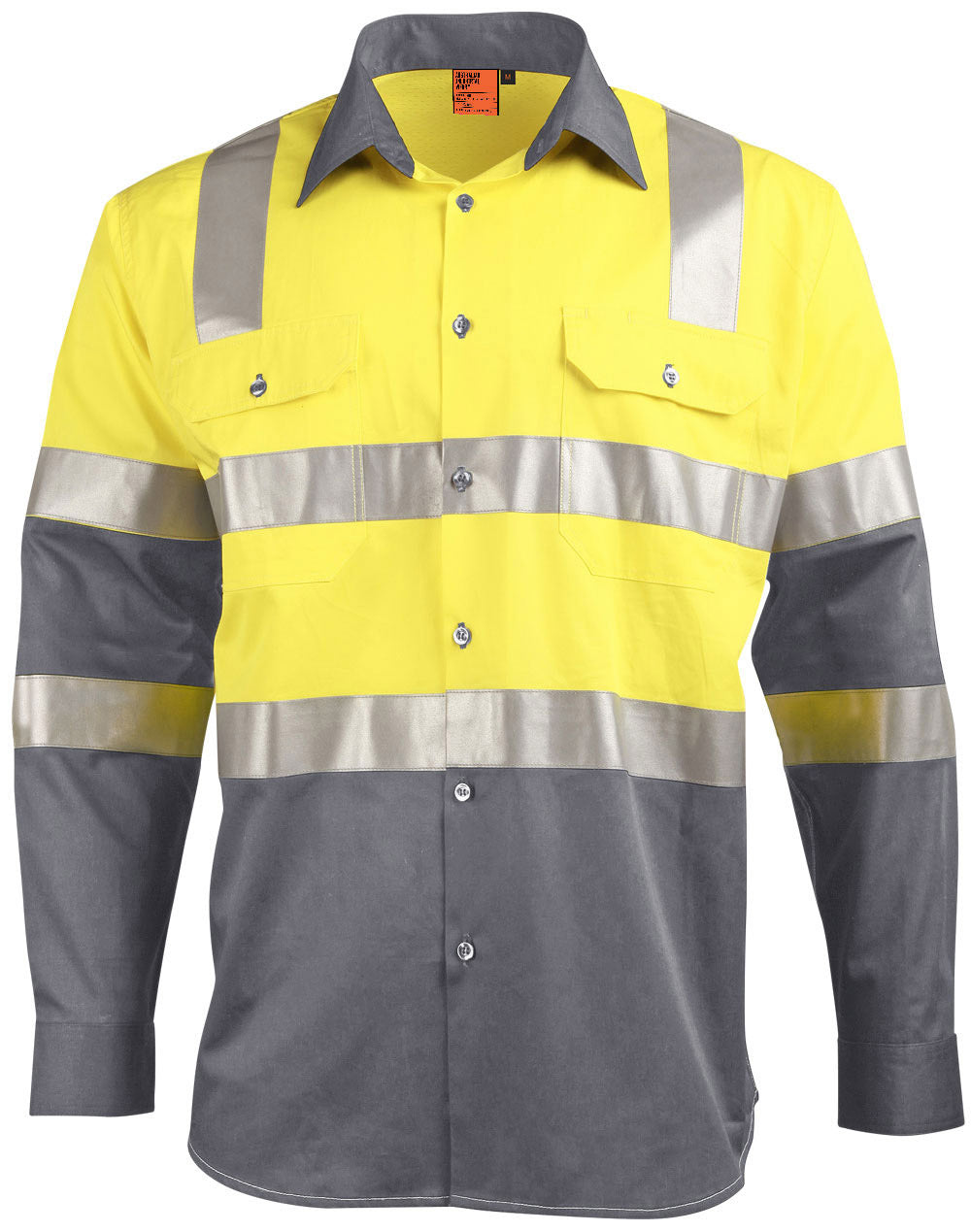 biomotion day/night light weight safety shirt with x back tape configuration - Yellow/Charcoal - Front