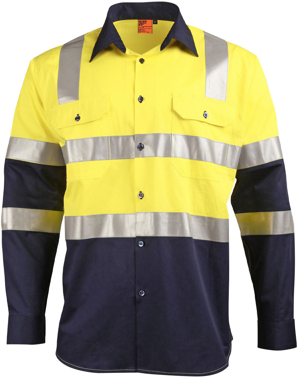 biomotion day/night light weight safety shirt with x back tape configuration - Yellow/Navy - Front