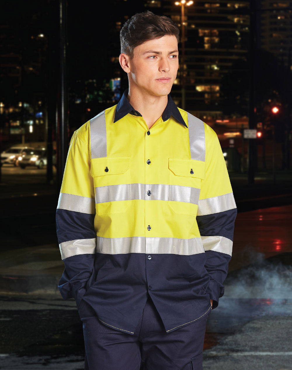 biomotion day/night light weight safety shirt with x back tape configuration - Yellow/Navy - View