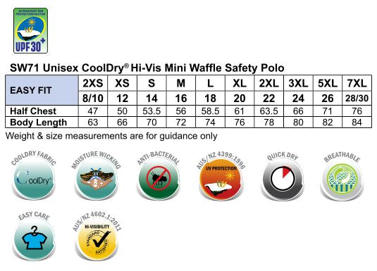 Alliance Short Sleeve Safety Polo - Unisex - Size guide