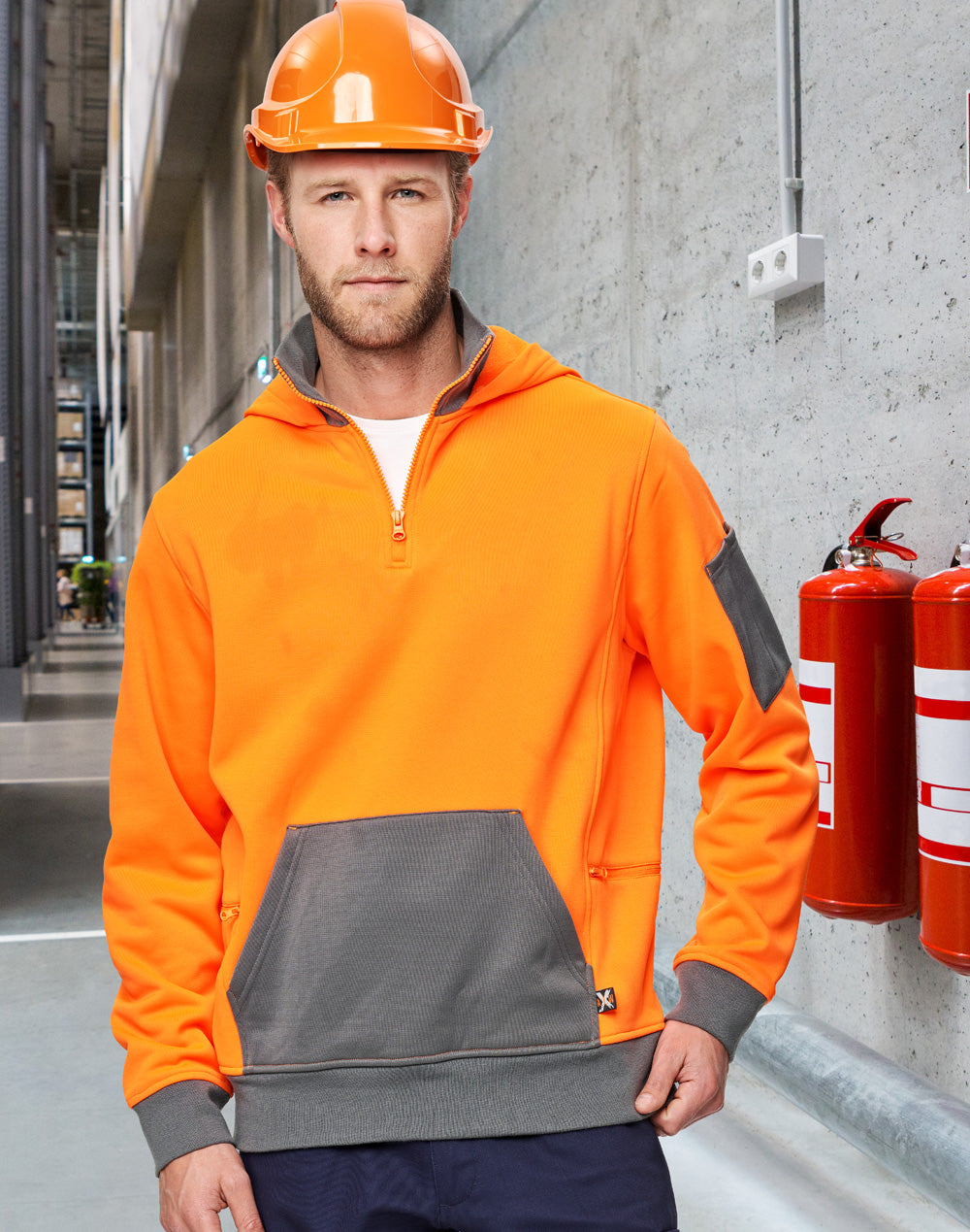 Unisex Hi-Vis ¼ Zip Premium Fleece Hoodie - Orange/Ash - View