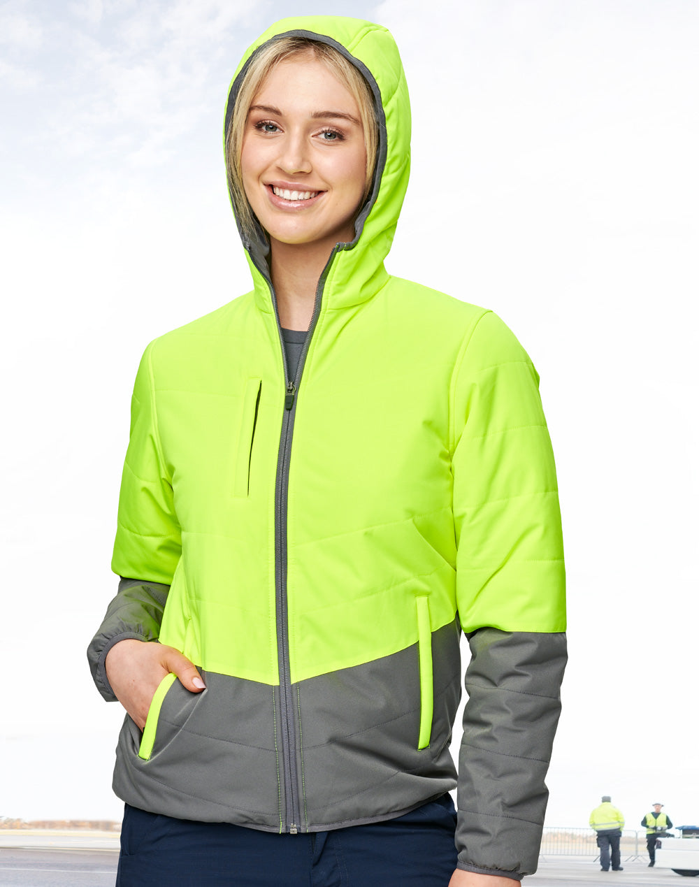 Unisex Hi-Vis Modern Styling Hooded Puffer Jacket - Yellow/Ash - View