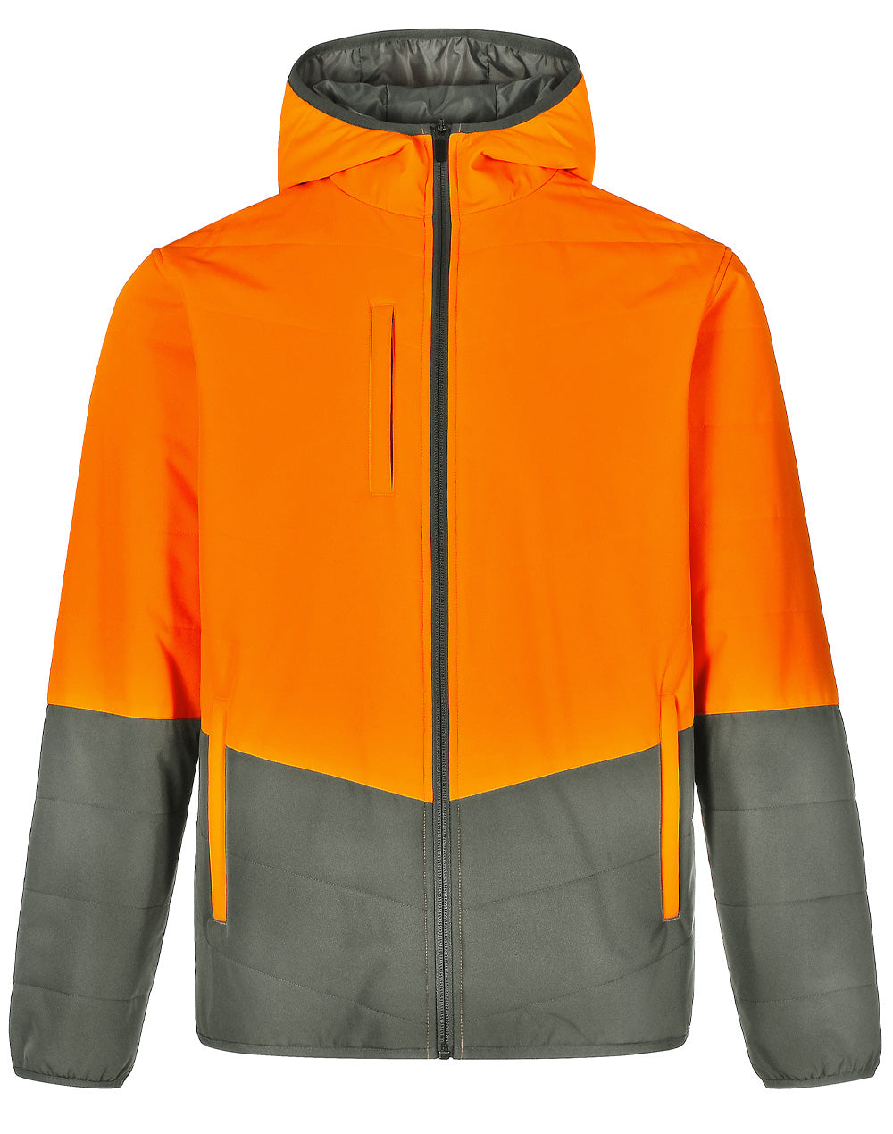 Unisex Hi-Vis Modern Styling Hooded Puffer Jacket - Orange/Ash - Front