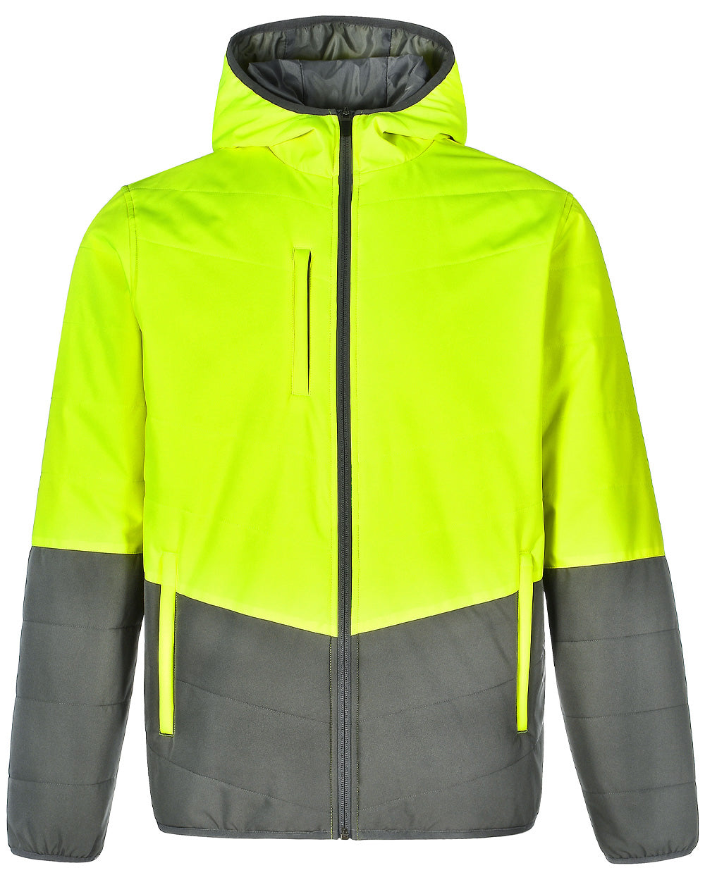 Unisex Hi-Vis Modern Styling Hooded Puffer Jacket - Yellow/Ash - Front