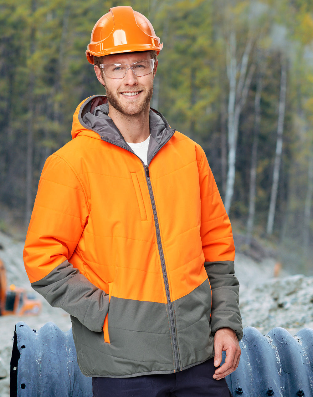 Unisex Hi-Vis Modern Styling Hooded Puffer Jacket - Orange/Ash - View