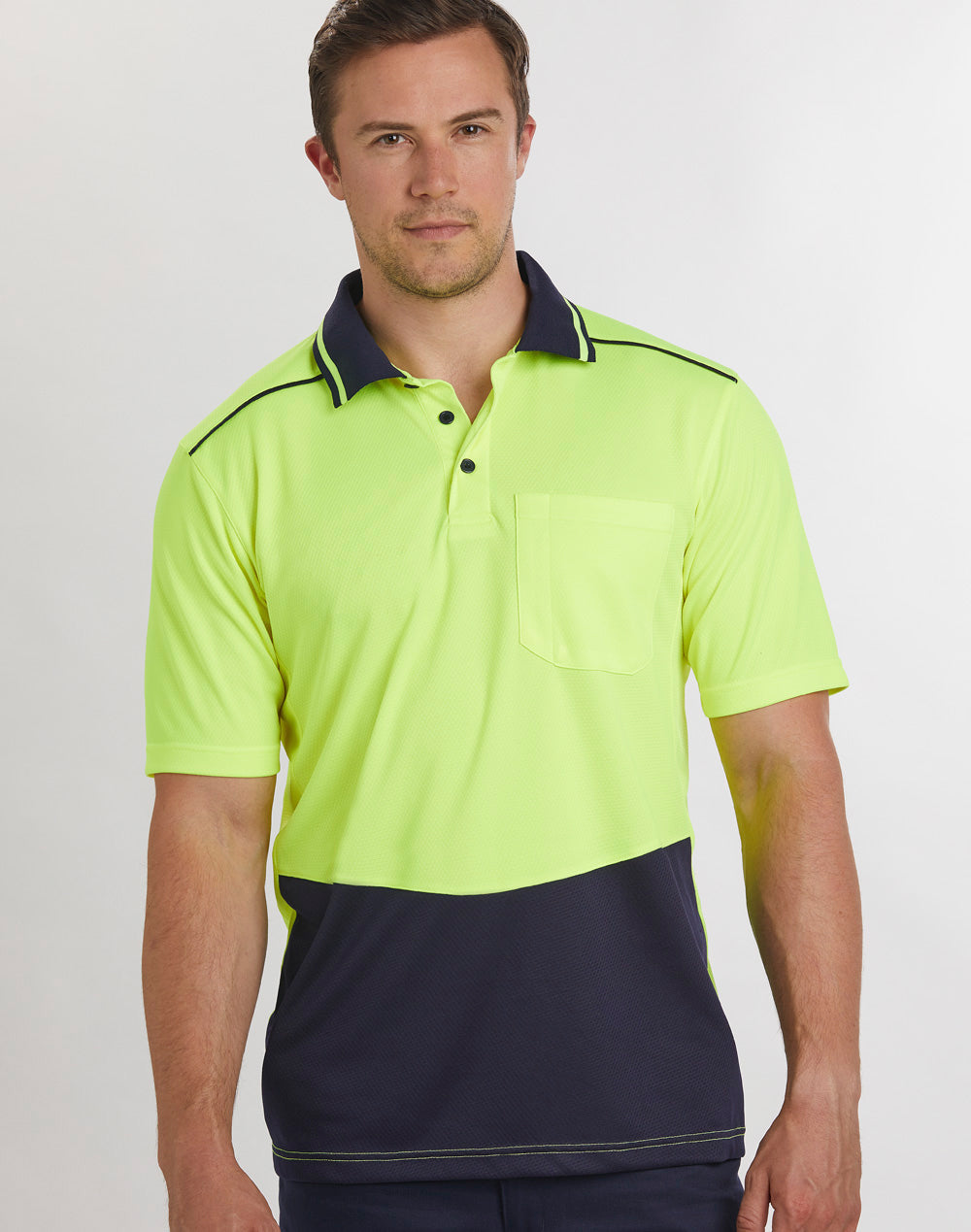 Unisex Hi-Vis Bamboo Charcoal Ss Polo - Yellow/Navy - Model