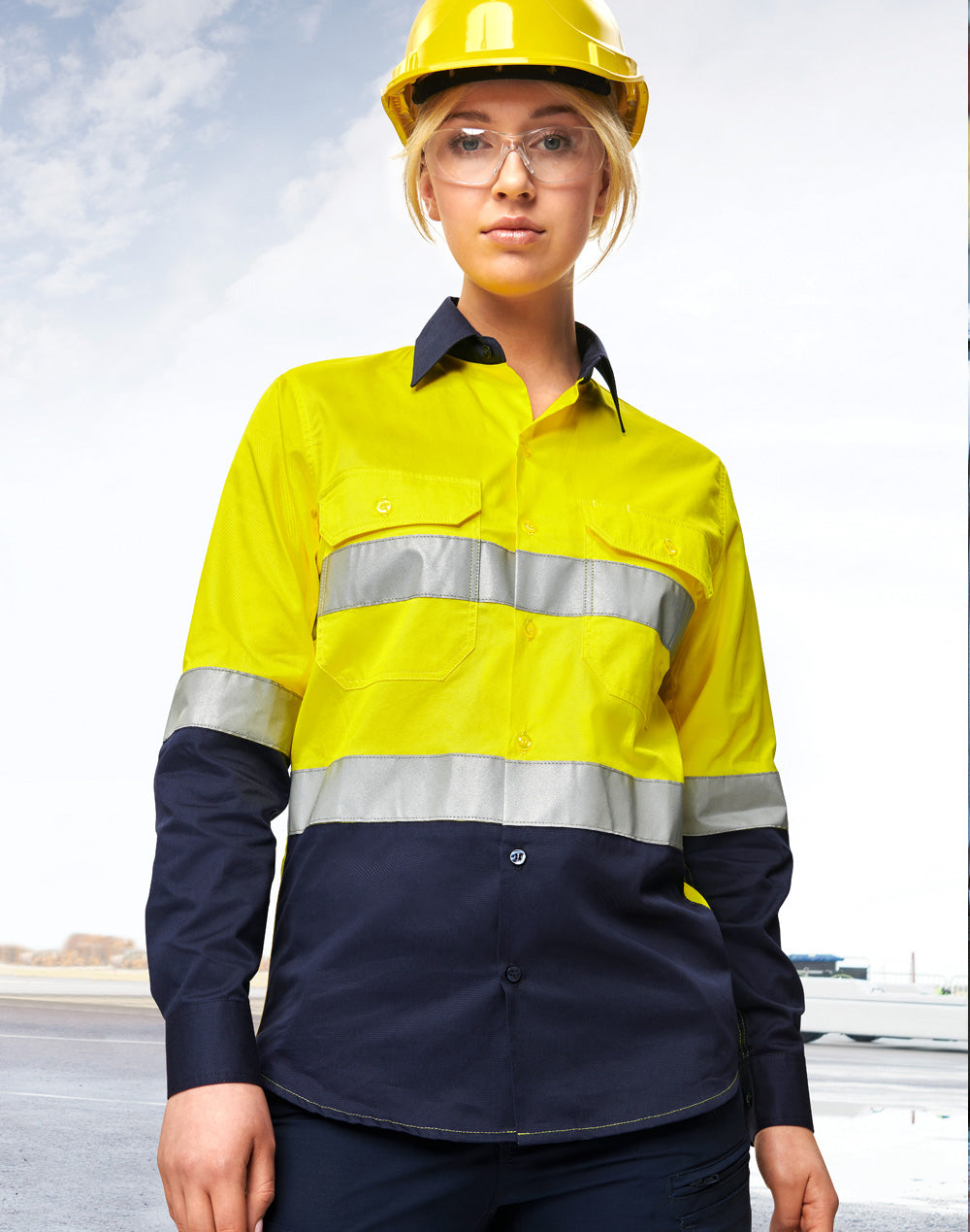 Unisex Hi-Vis Cool-Breeze Safety Ls Shirt (Generic Tape) - Yellow/Navy - View
