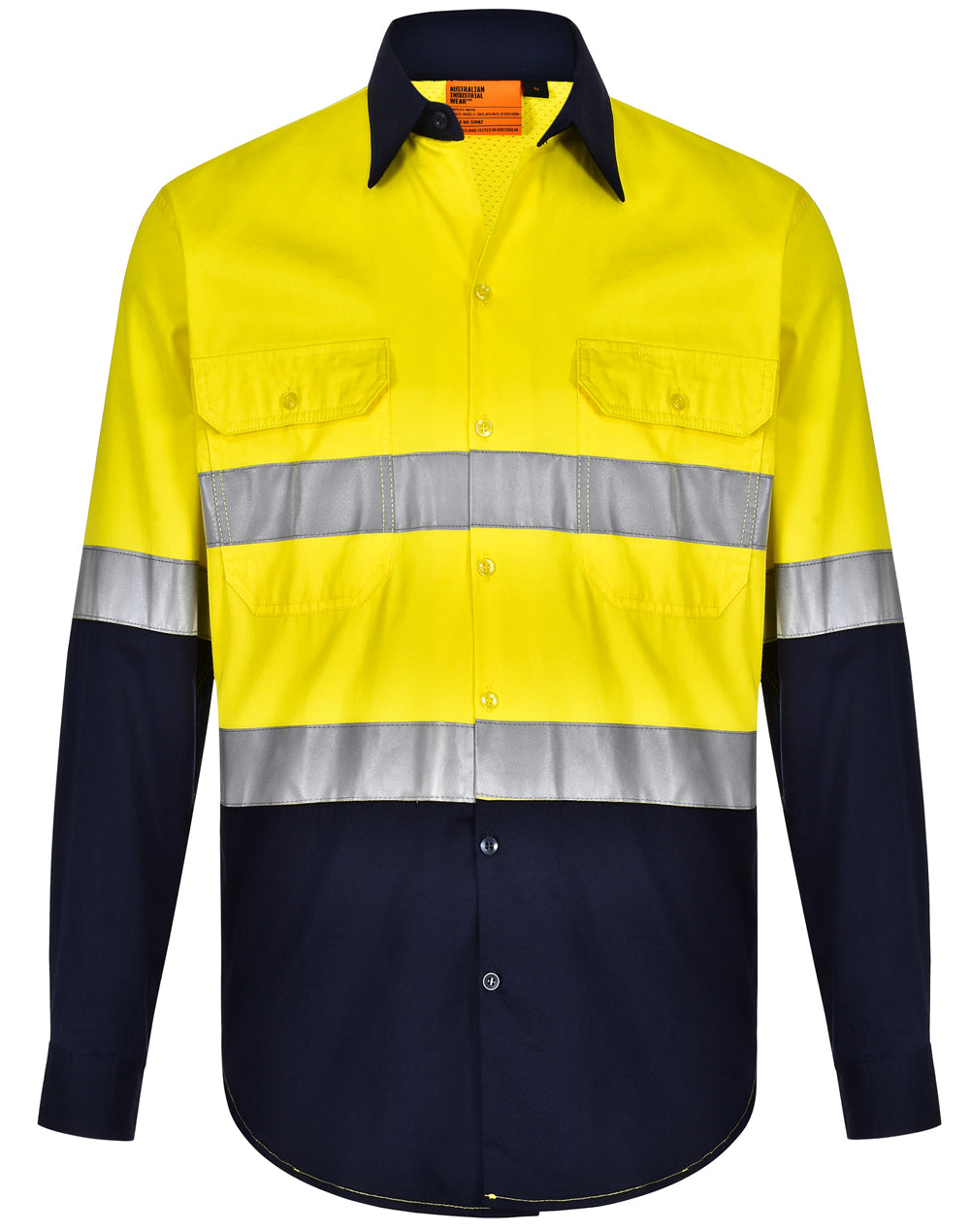 Unisex Hi-Vis Cool-Breeze Safety Ls Shirt (Generic Tape) - Yellow/Navy - Front