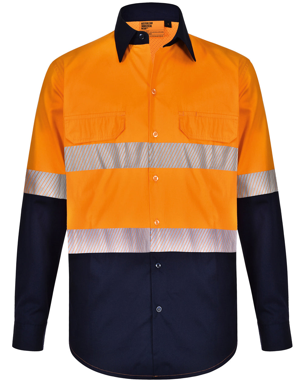 Unisex Hi-Vis Cool-Breeze Safety Ls Shirt (Segmented Tape) - Orange/Navy - Front