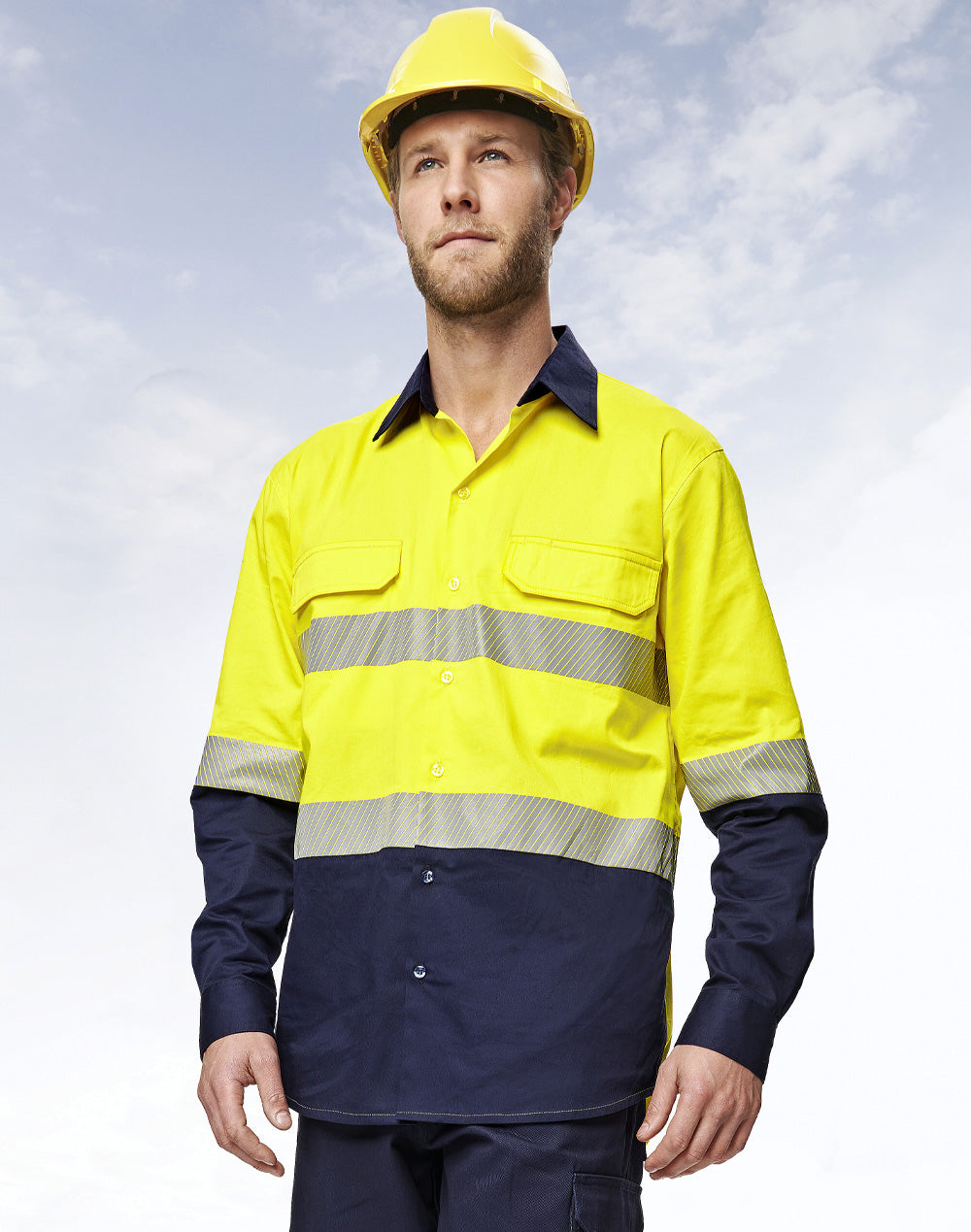 Unisex Hi-Vis Cool-Breeze Safety Ls Shirt (Segmented Tape) - Yellow/Navy - View