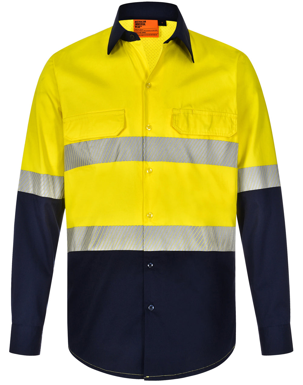 Unisex Hi-Vis Cool-Breeze Safety Ls Shirt (Segmented Tape) - Yellow/Navy - Front