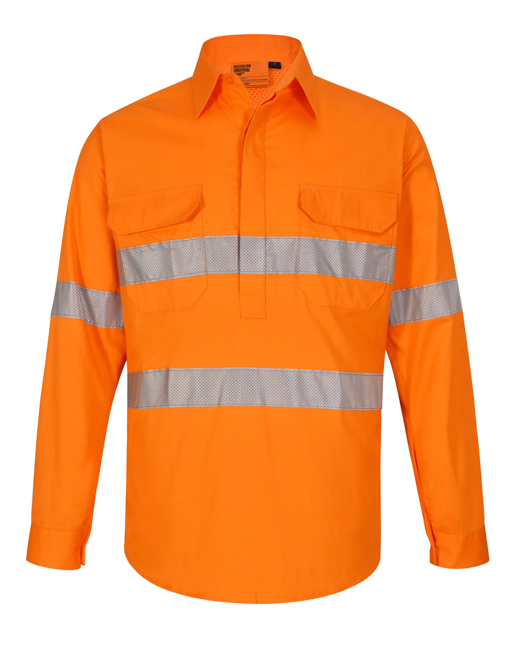 Unisex Hi-Vis Cool Breeze Closed Front Ls Shirt With Perforated Tape - Orange - Front