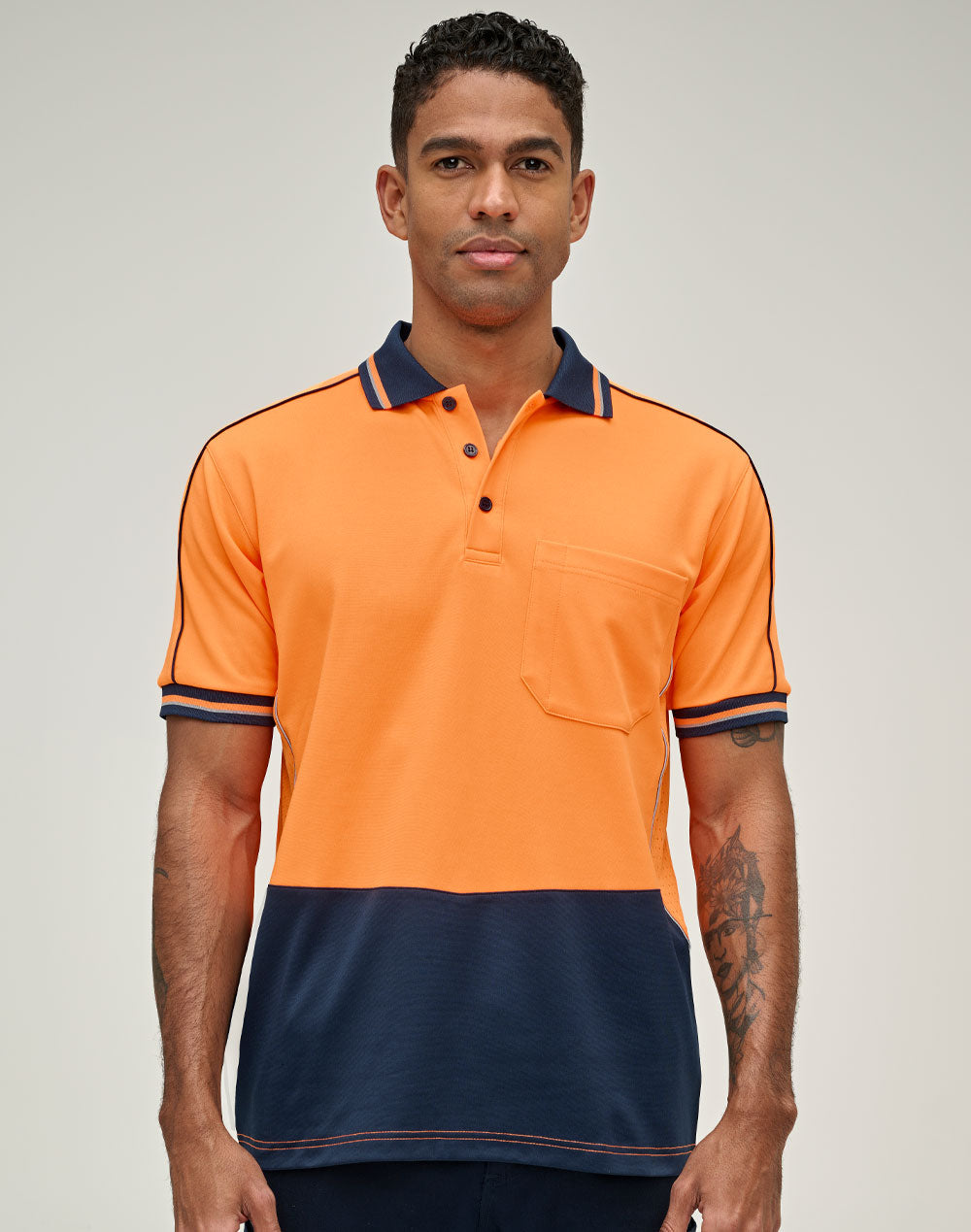 Hi-Vis Sustainable Cool-Breeze Safety Polo - Orange/Navy - View