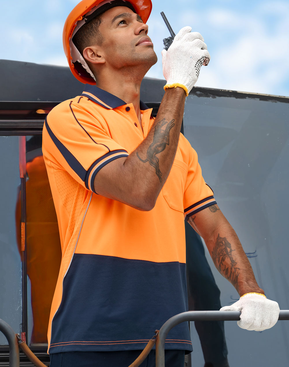 Hi-Vis Sustainable Cool-Breeze Safety Polo - Orange/Navy - View