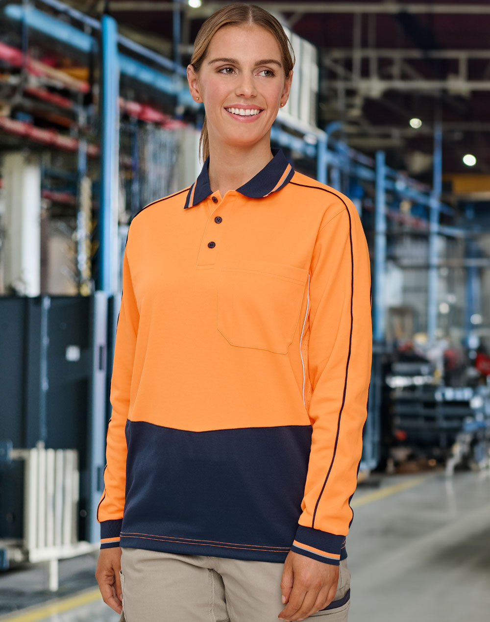 Hi-Vis Sustainable Cool-Breeze Safety Polo - Orange/Navy - View