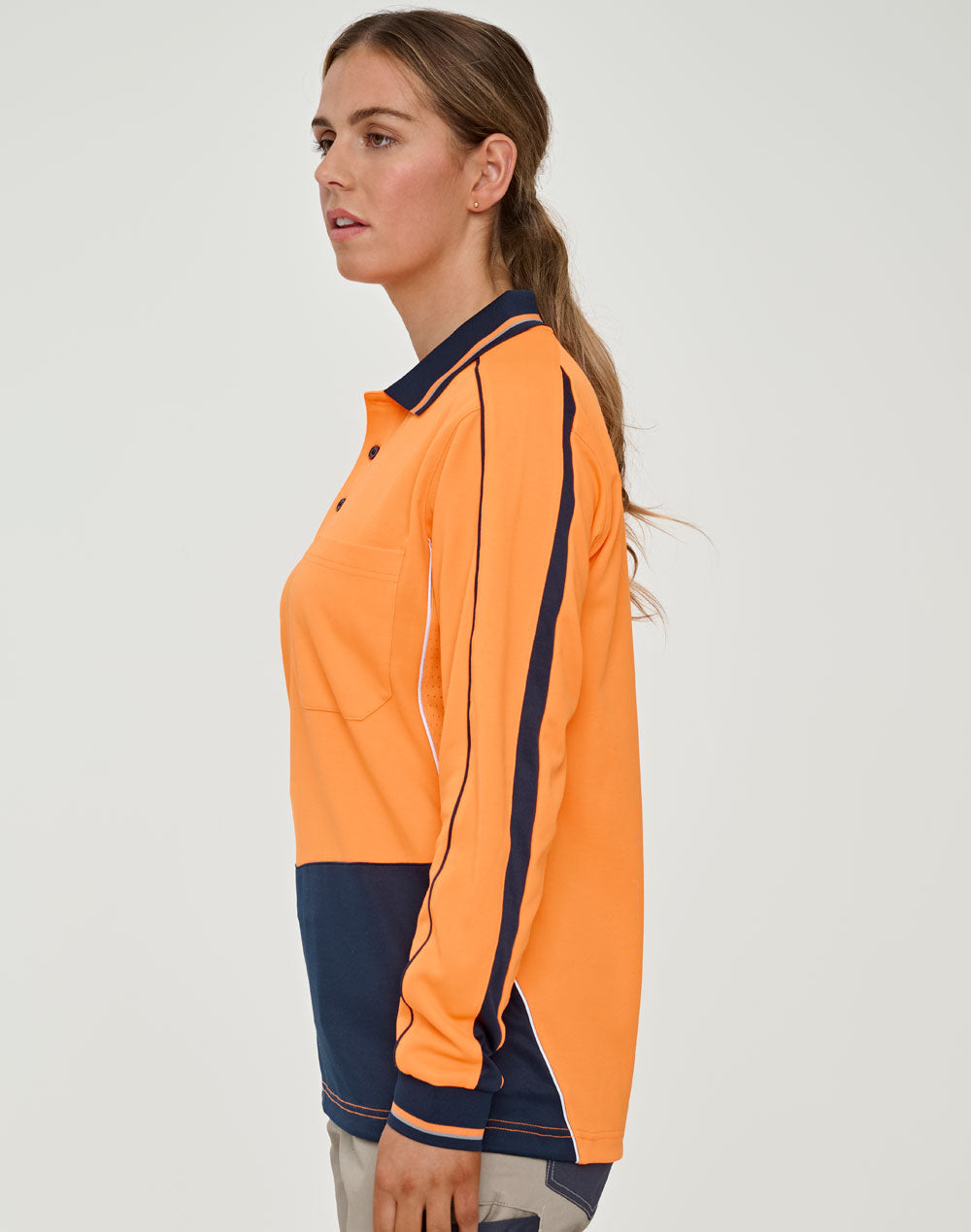 Hi-Vis Sustainable Cool-Breeze Safety Polo - Orange/Navy - View