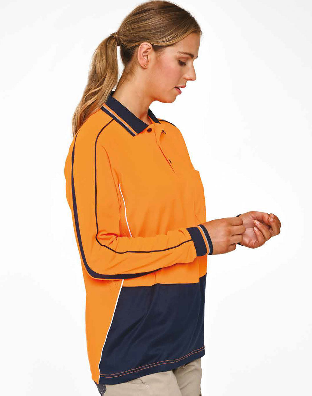 Hi-Vis Sustainable Cool-Breeze Safety Polo - Orange/Navy - View
