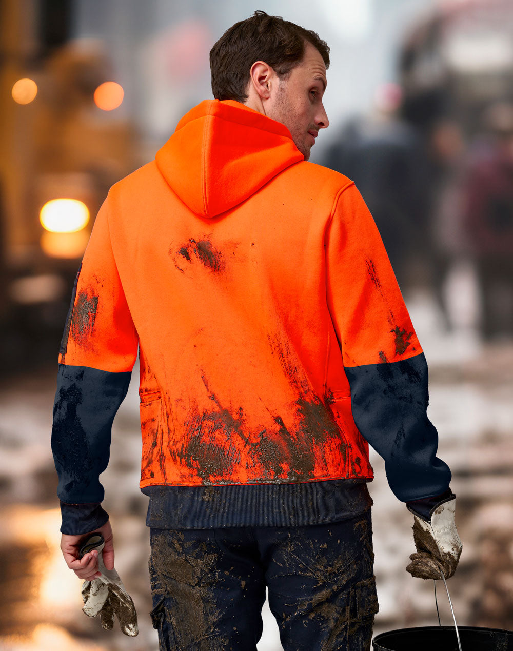 Hi-Vis Two Tone Water Resistant Fleece Hoodie - Orange/Navy - Back