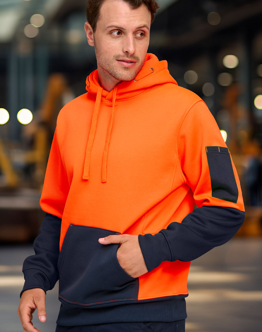 Hi-Vis Two Tone Water Resistant Fleece Hoodie - Orange/Navy - View