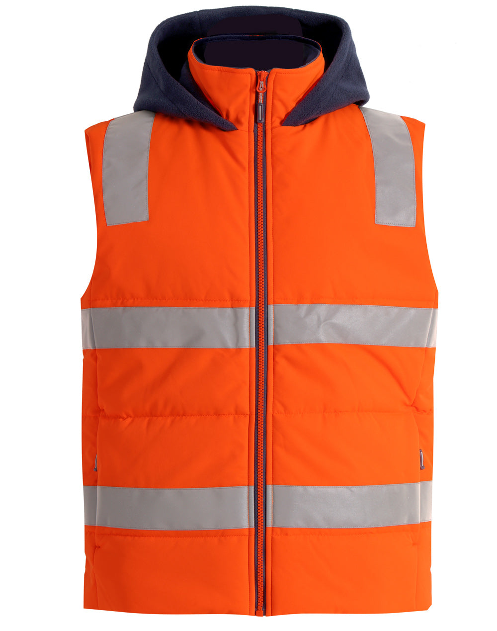 Unisex Hi-Vis Hooded Puffer Vest - Orange/Navy - Front