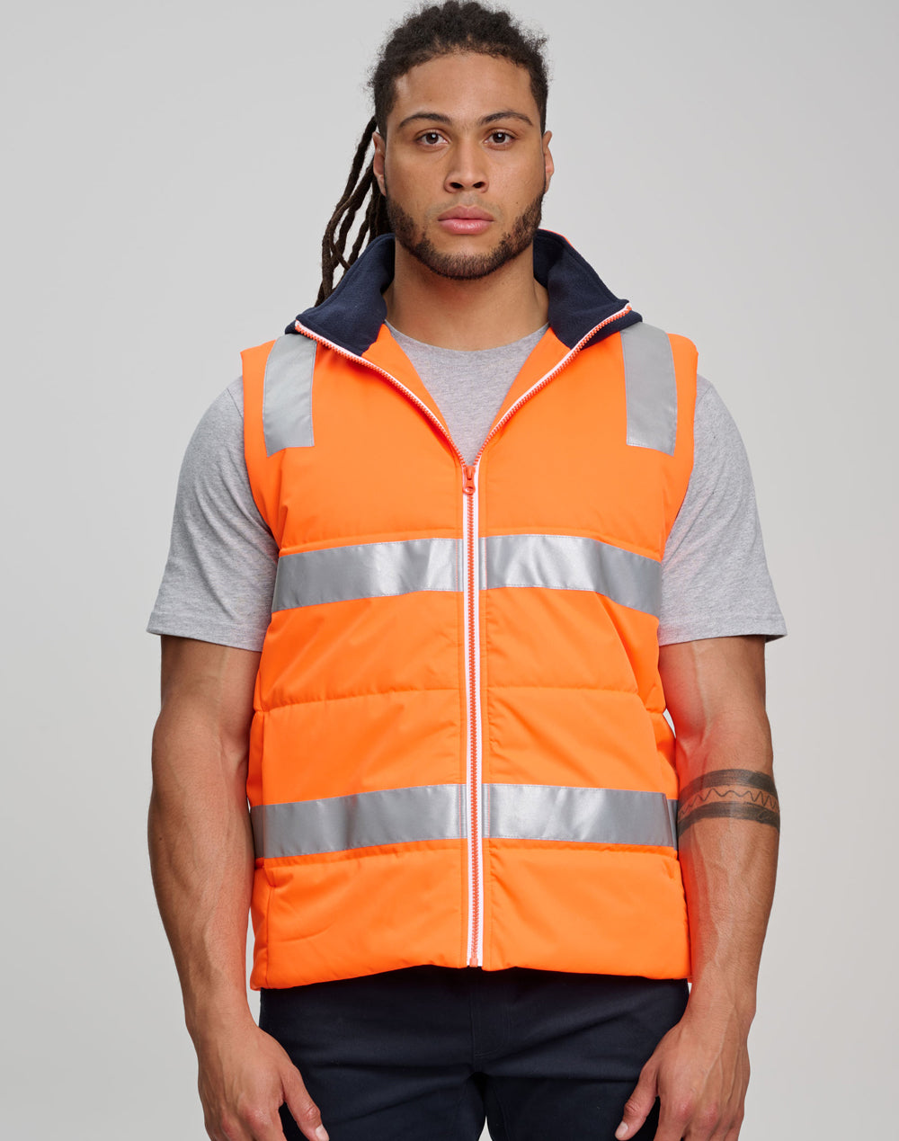 Unisex Hi-Vis Hooded Puffer Vest - Orange/Navy - Model