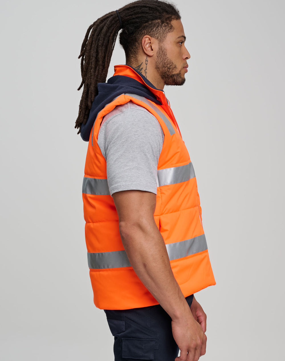 Unisex Hi-Vis Hooded Puffer Vest - Orange/Navy - Model