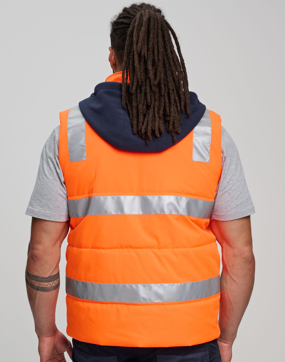 Unisex Hi-Vis Hooded Puffer Vest - Orange/Navy - Model