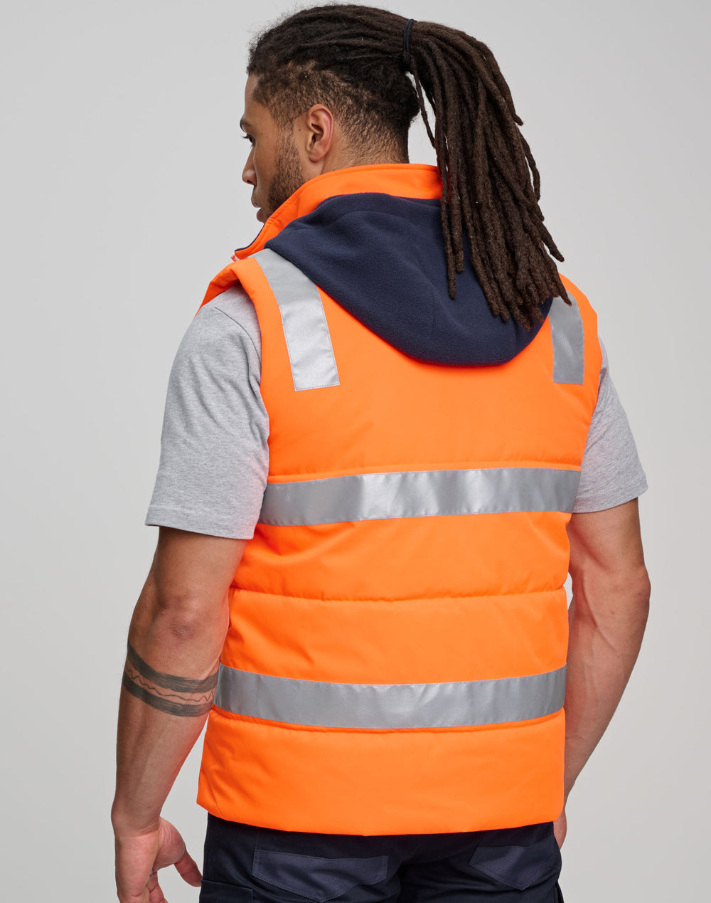 Unisex Hi-Vis Hooded Puffer Vest - Orange/Navy - Model