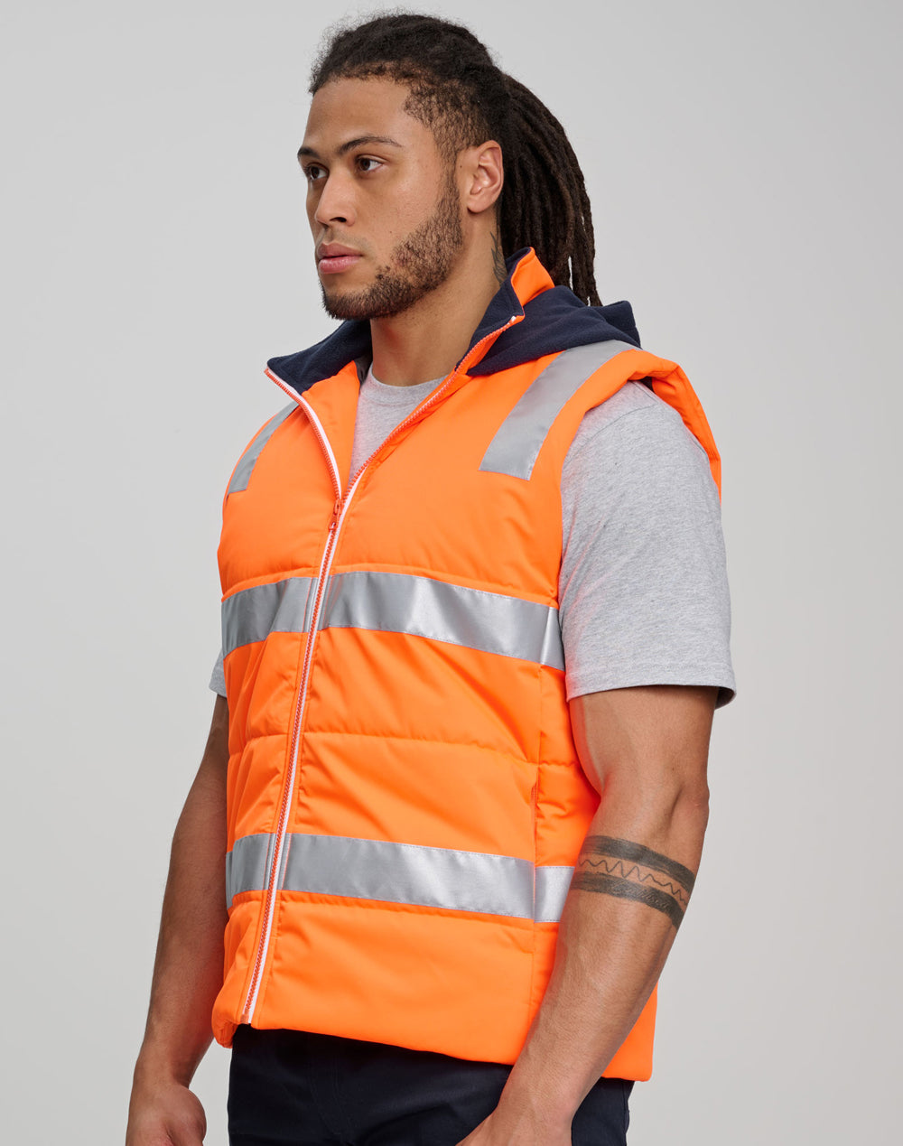 Unisex Hi-Vis Hooded Puffer Vest - Orange/Navy - Model