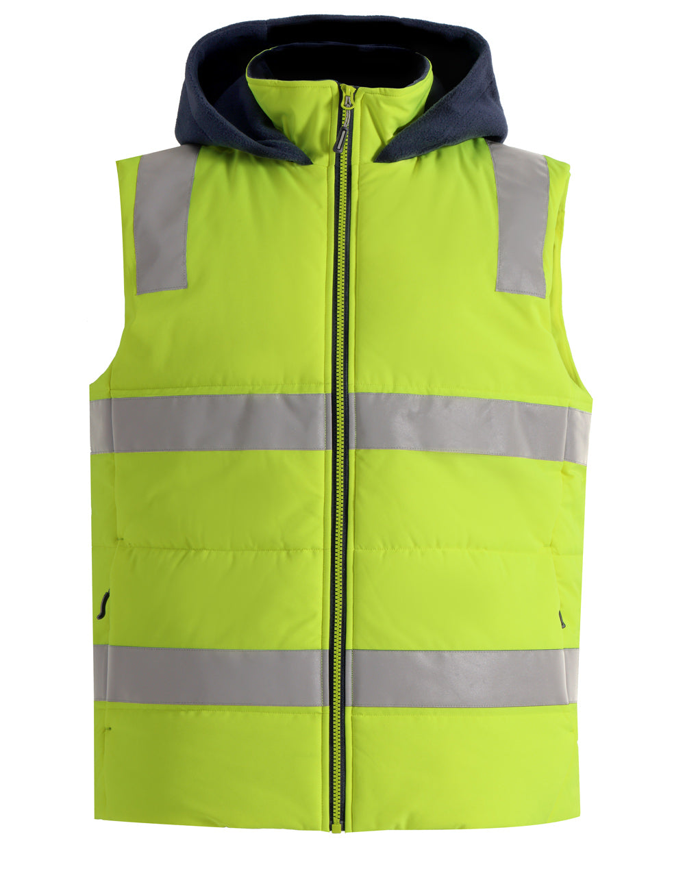 Unisex Hi-Vis Hooded Puffer Vest - Yellow/Navy - Front