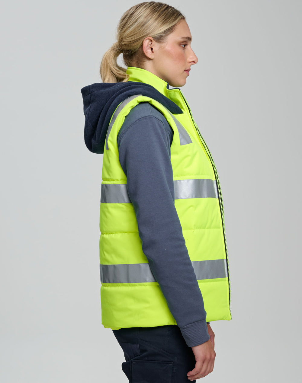 Unisex Hi-Vis Hooded Puffer Vest - Yellow/Navy - View