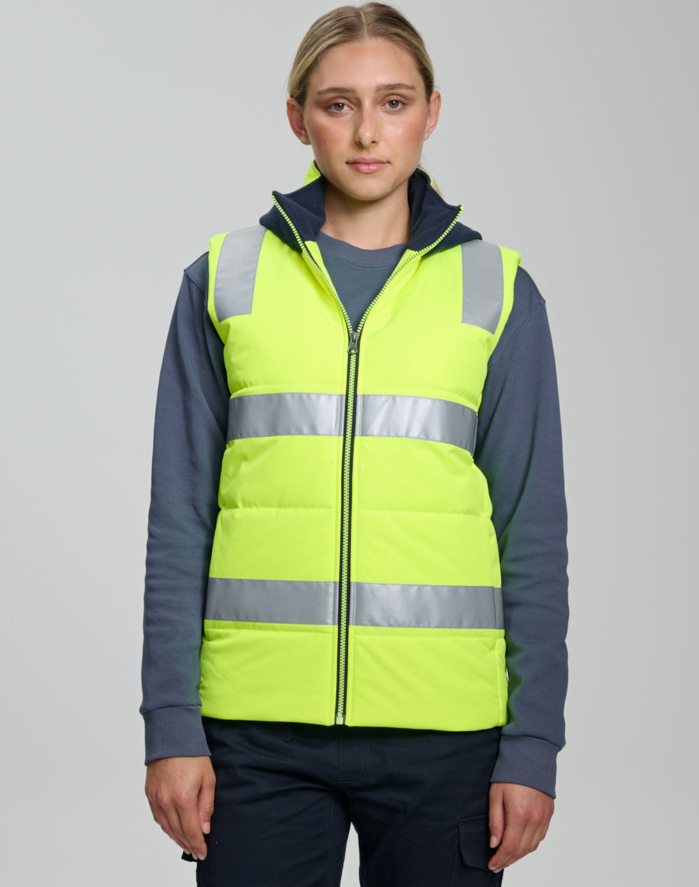 Unisex Hi-Vis Hooded Puffer Vest - Yellow/Navy - View