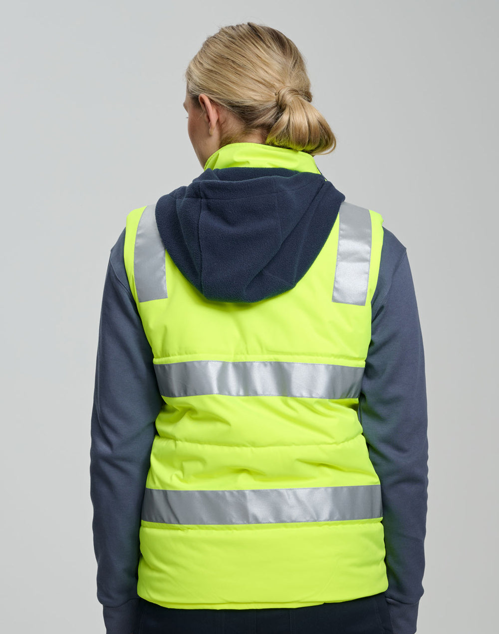 Unisex Hi-Vis Hooded Puffer Vest - Yellow/Navy - View