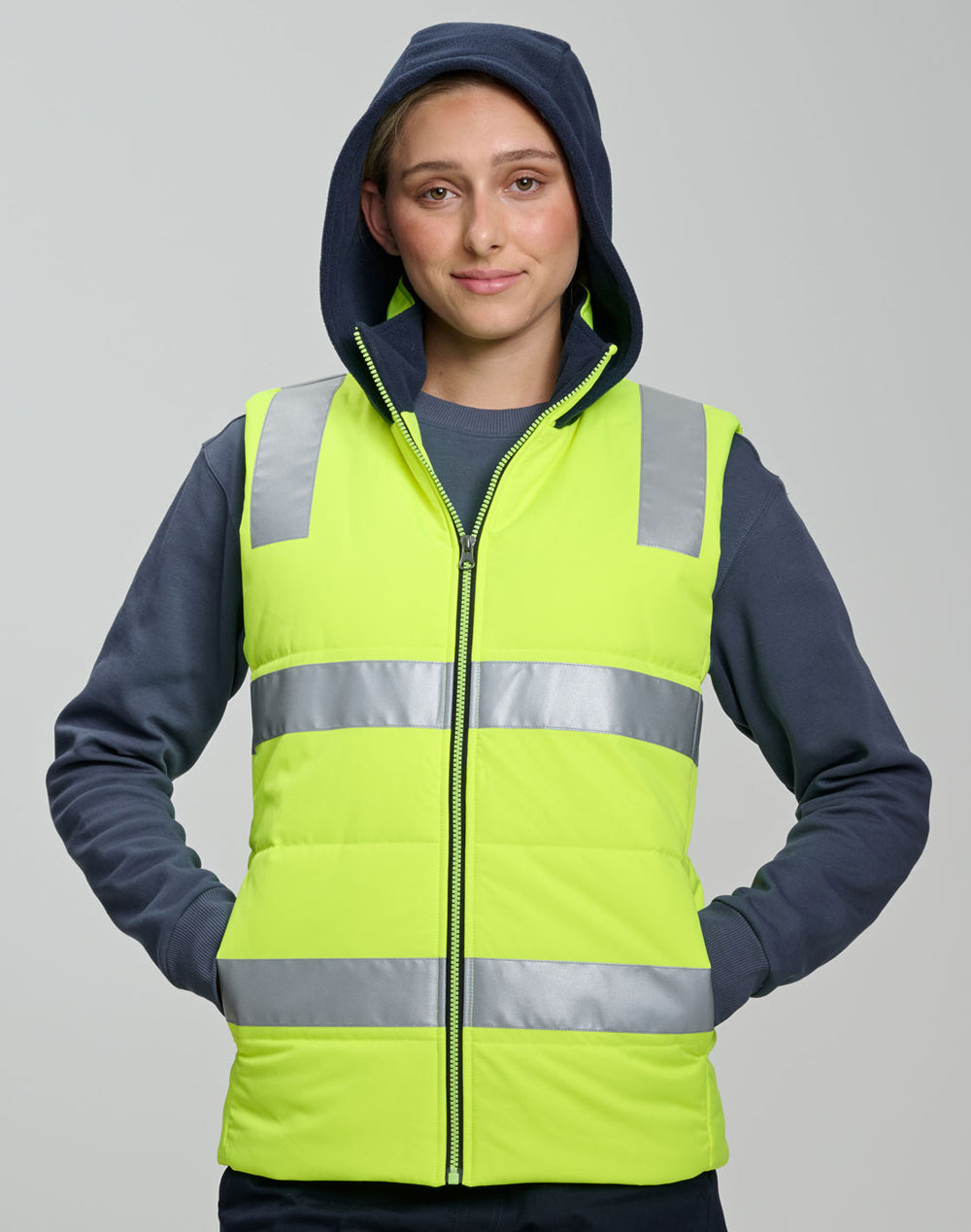 Unisex Hi-Vis Hooded Puffer Vest - Yellow/Navy - View