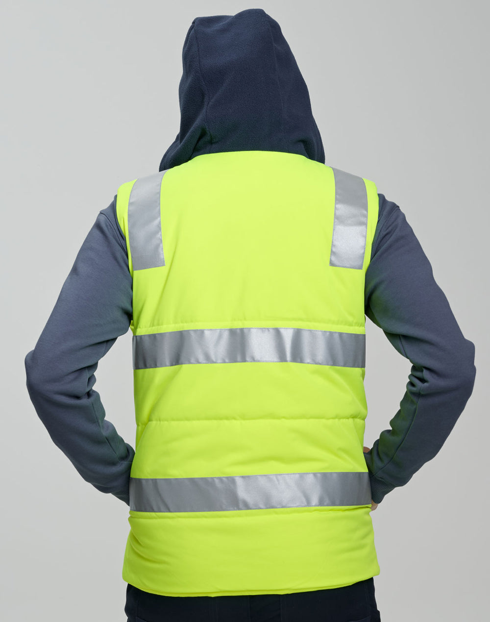 Unisex Hi-Vis Hooded Puffer Vest - Yellow/Navy - View